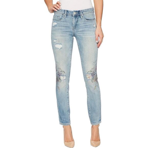NWT BlankNYC Size 24 High Rise Denim Distressed Floral Embellished Skinny Jeans - Picture 1 of 8